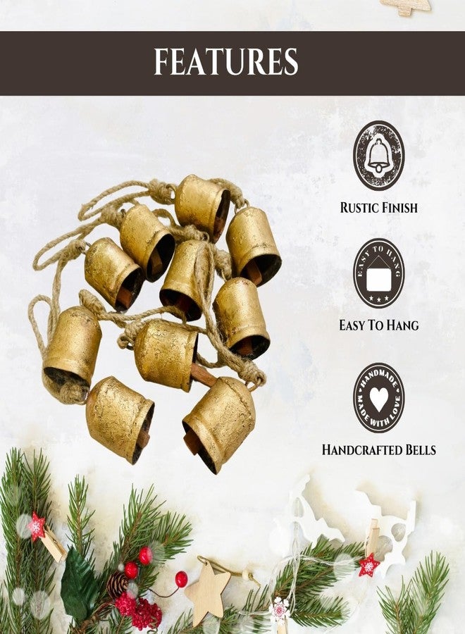 Mie Creations Set of 10 Rustic Vintage Cow Bells, Handmade Christmas Bells on Jute Rope, Decorative Christmas Tree Ornaments, 2.5in Jingle Bells for Crafts, Metal Hanging Wreath Cowbells- Antique Gold - Image 3
